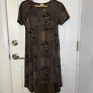 LuLaRoe Carly T-Shirt Dress Womens XS‎ Black/Brown Mixed Print Short Slv Stretch